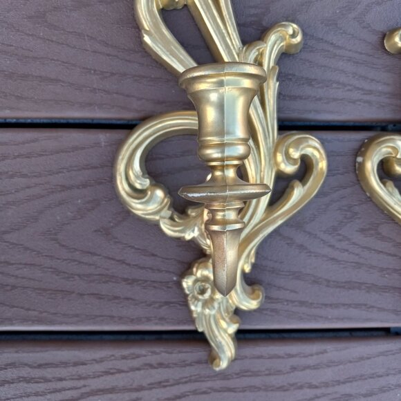 Vintage Syroco Gold Ornate Wall Sconces Candle Holders Set of 2 # 2336 DAMAGED - Picture 4 of 16